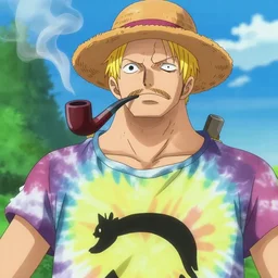 Anime key visual of a large man with blonde hair, blue eyes and a bushy beard wearing a tie dye t-shirt and a straw hat while smoking a pipe in One Piece Anime Series