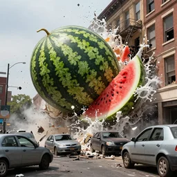 a giant watermelon splash ,big impact hit on the building, explode and chaos, Holywood scene, full color, broken cars,scary picture