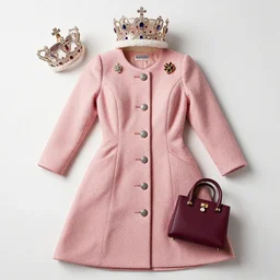 flat lay of the queen's outfit and crown jewels, high quality studio photograph.