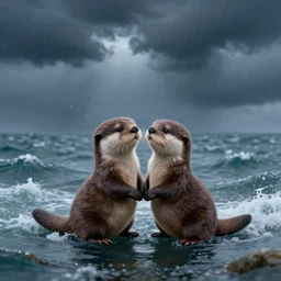 Two adorable otters falling in love holding hands side by side, all alone in the middle of a huge storm at sea, fantasy illustration, cinematic, dreamlike, Award winning, romance, detailed trending on art station masterpiece