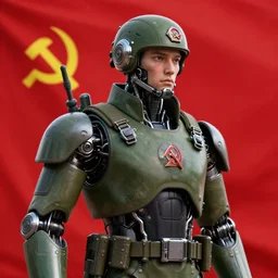 Futuristic cybernetic Soviet soldier cyborg with red flag in background, overdetailed digital art, hd, 4k