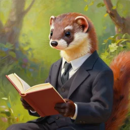 a portrait painting of a weasel in suit, read a book ， humanoid, anthropomorphic, personify, trending on artstation by wenjun lin, irakli nadar, bright colors, octopath traveler, wenjun lin, unreal engine 5 highly rendered, global illumination, radiant light, detailed and intricate environment