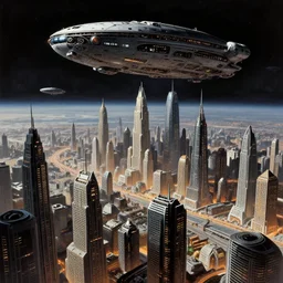 A alien  cityscape , metropolis  and  space craft overhead  in the style of Syd Mead , Chris Foss .