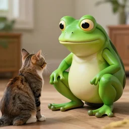 photo of a frog man talking with his cat