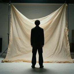 movie of a figure standing in front of a flowing fabric backdrop inside a studio