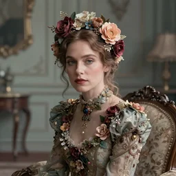 cinestill 5 0 d photography of a dystopian beautiful woman britt marling style by annie liebovitz sitting in a vittorian room, hair and dress are intricate ornamental flowers, mistyscenic dystopian environment, elegant, highly detailed, soft blur, artstation, sharp focus, head in focus, tonal matt colors