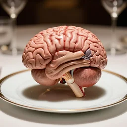a perfect photograph of a hyper intricate model of the dissected human brain. on a plate, in a fancy restaurant. perfect focus and studio lighting.