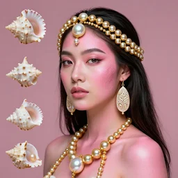 beautyfull pink skin shaman woman, golden pearls, maori, engraved pearls, concept art, sea shells, octane