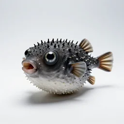 black pufferfish, professional studio photo, full body, isolated on a pure white background, centered, entire subject in frame, sharp focus, soft studio lighting