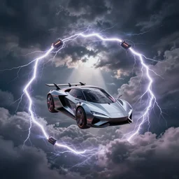 futuristic flying car circumscribed by a circle made of lightning in storm clouds, 28mm dramatic photo