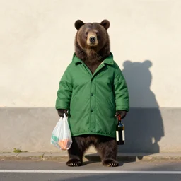 a bear in a green cotton coat stood by the side of the road, a plastic bag in one hand and a wine bottle in the other, his shadow cast on the wall by the midday sun, art by michael sowa.