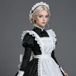 fullbody!! a beautiful platinum blonde victorian maid. beautiful slender face, updo, big blue eyes, fine pointy chin, slender nose, high cheek bones. maid in a black dress with white apron. lace, embroidery. fantasy, intricate, elegant, highly detailed, digital painting, artstation, concept art, smooth, sharp focus, illustration, art by artgerm and greg rutkowski and alphonse mucha