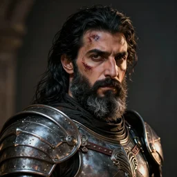 a portrait of mena massoud as a bearded man, battle scars and marks on face, paladin armor, black hair, some grey hair in beard, style by donato giancola, wayne reynolds, jeff easley dramatic light, high detail, cinematic lighting, artstation, dungeons and dragons