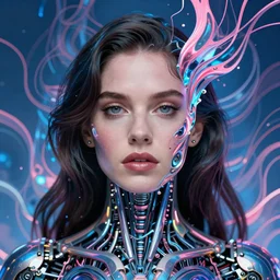 portrait of lana del rey as a cyborg. intricate abstract. intricate artwork blue and pink lighting, by tooth wu, wlop, beeple, dan mumford. concept art, octane render, trending on artstation, greg rutkowski very coherent symmetrical artwork. cinematic, key art, hyper realism, high detail, octane render, 8 k, iridescent accents