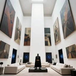 batman standing in giant italian modern castle living room, clean minimalist design, that is 1 3 0 0 feet tall, with very tall giant walls filled with modern art paintings, doors that are cosmic portals, photo by annie leibovitz