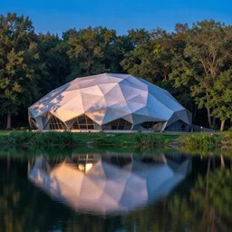 faceted roof planes lift and descend creating shade and architectural expression, highly detailed, situated in the forest, next to a highly reflective lake, at dusk, vivid color