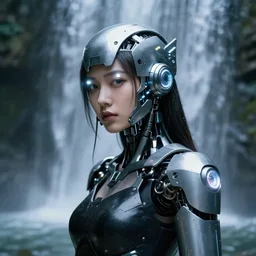 portrait photo of female dancer as a cyberpunk mecha humanoid robotic head shoulder parts with straight bright led lights, under a waterfall, ultra - realistic and detailed, 8 k