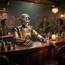 scene from a movie about a robot bartender, chappie, c 3 p 0, dingy bar, cinematic, big budget movie, moody steamy atmosphere, robot rock band, people and robots drunk and dancing, happy times, by fantasy artist tiago da silva ( grafik )