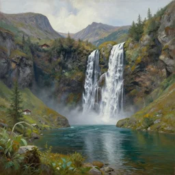 a mountain with a waterfall that leads to a lake, highly detailed, oil painting, made by alard monsma
