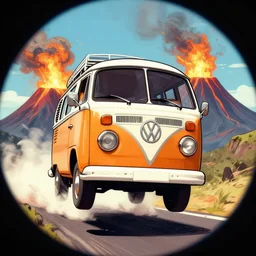 a caricature drawing of a vw volkswagen bus, camper, bulli, type - 2, microbus, kombi, flying towards the camera, jumping at the viewer, dynamic action shot, fish - eye lense, frontal, a vulcano is erupting in the background