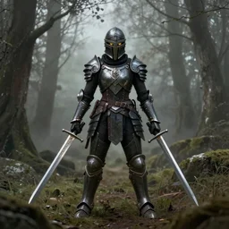 a matte painting, a helmeted female warrior, wearing battle worn mechanical armor, wielding twin swords, misty forest, the forest plains of north yorkshire, good value control, concept art, digital painting, sharp focus, symmetrical, single character full body, 4k, illustration, glowing eyes, rule of thirds, centered, moody colors, moody lighting, atmospheric