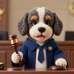 a closeup photorealistic illustration of a knitted bernedoodle judge puppy wearing a justice gown and speaking to the courthouse. holding a gavel. this 4 k hd image is trending on artstation, featured on behance, well - rendered, extra crisp, features intricate detail, epic composition and the style of unreal engine.