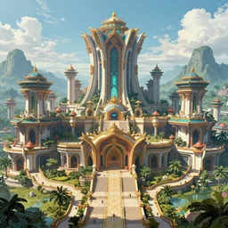 Giant sprawling fantasy pre-colonial architecture futuristic Filipino palace with a grand entrance stairway in the mountains from a distance, vibrant colors, cinematic lighting, wide angle, 8k, artstation, concept art