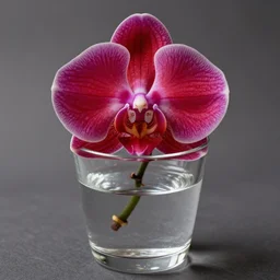 a beautiful orchid flower in a cup of glasses of water, red color vibe, ultra detailed