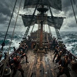 concept art, a view of the deck of a pirate ship tossed on a stormy ocean. the pirates aboard struggle to keep control. realistic shaded lighting poster by ilya kuvshinov, magali villeneuve, artgerm, jeremy lipkin and michael garmash and rob rey