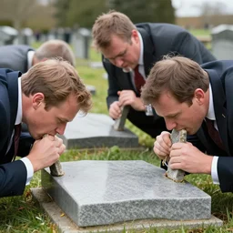 national geographic photo : men in suits gnawing on gravestones, chewing on gravestones, chipping off gravestones at a cemetery, ultrarealistic, photorealistic, intricate detail, photograph by anne leibovitz