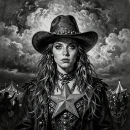 By Tom Bagshaw, ultra realist soft painting portrait of curiosities carnival by night, very beautiful single outlaw star fully dressed fading, symmetry accurate features, very intricate details, ominous sky, black and white, volumetric light clouds