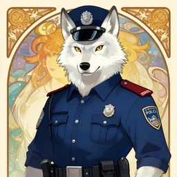 anthropomorphic wolf police officer with white fur. Renowned character illustration by alphonse mucha. Trending on furaffinity.