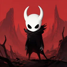 horror art, hollow knight death, red peaks in the background, art by greg rutkowski