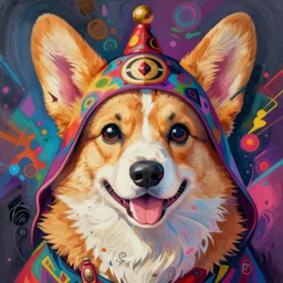 beautiful anime painting of fantasy corgi psychedelic assassin god, by noah bradley, patrick woodroffe, posuka demizu, qing han, trending on artstation, 8 k, masterpiece, graffiti paint, fine detail, full of color, intricate detail, golden ratio illustration, face enhance