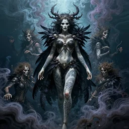 goddess of death with full body tattoos and black feather armor, by ross tran, peter mohrbacher, tom whalen, underwater psychedelic smoke, highly detailed, intricate, elaborate, detailed illustration, sharp focus, featured on artstation