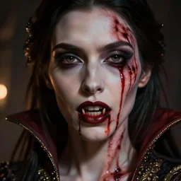 beautiful, very extreme closeup portrait, one face, one face, one face, bloody face, vampire girl, extreme blood, vampire fangs, medieval dress. witch, makeup. unreal engine, greg rutkowski, loish, rhads, beeple, tom bagshaw, alphonse mucha, global illumination, detailed and intricate environment