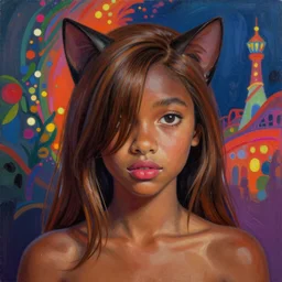 colorful and festive captivating cat teenager with straight brown hair covering his eye, dark skin, big lips, big eyes, shirtless. rich vivid colors, ambient lighting, dynamic lighting, 4 k, atmospheric lighting, painted, intricate, highly detailed by charlie bowater