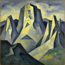 a cubistic illustration of Cubism Mountain Range, Cubism Mountain Range with fractal sunlight, award-winning, masterpiece, in the style of Paul Cézanne, George Braque