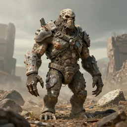 a heavily murated creature resembling a human in a postapocalyptic wasteland, 3 d render, octane, ray tracing, ultra high detail, photorealistic, high resolution, 8 k