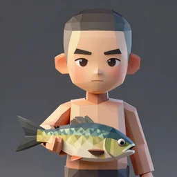 dramatic portrait of chinese boy with buzz cut, holding a fish, low poly 3 d render