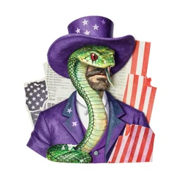 a home made collage portrait of a snake oil salesman, purple and green, stars and striples, magazine cuttings, the essence of salemanship and oiliness, sips, collage by claudia, salesman by frank frazetta and rene magritte, cinematography by robby muller, 3 d rendering by beeple, 8 k, weird