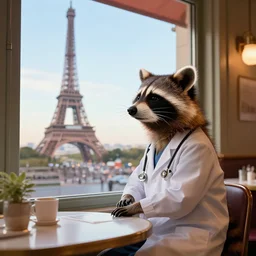 a doctor raccoon in a restaurant looking out the window at the Eiffel tower, digital art, trending on artstation, HDR