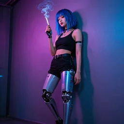 cyberpunk young woman with blue hair and cybernetic leg implants smoking and leaning against a wall lit in neon
