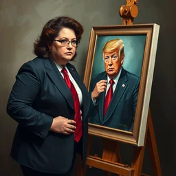 rosie o'donnell stands at her easel, painting a portrait of donald trump