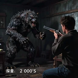 color video footage of the monster hunting in dark lightless room, a man holding shotgun, midnight, 2 0 0 0's