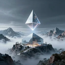 mountains made of a vaporwave explosion, a modern glass house, one single upside down neon lined pyramid floating above!!!!, rule of thirds, clean linework, dramatic, moody, introspective, cinematic, award winning, 4 k, trending on artstation, photorealistic, volumetric lighting, octane render