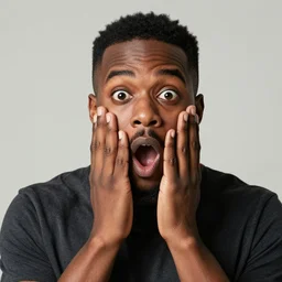 a black male looking extremely surprised to the camera