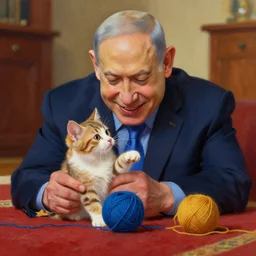 benjamin netanyahu smiling blushing while playing with a kitten on a carpet, yarn ball, rich vivid colors, warm, sharp, highly detailed, digital painting