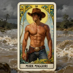 a dramatic, epic, ethereal tarot painting of a handsome!! brown shirtless cowboy | background is a torrential flooding river | tarot card, art deco, art nouveau | by Mark Maggiori | trending on artstation