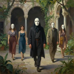 disciple in mask portrait, walking through an ambient light - filled courtyard, morning light, romanesque architecture, chiaroscuro, atmospheric, detailed, lush, fantastical, lowbrow, pop surrealism,, avery palmer, mark ryden, marion peck, camille rose garcia, todd schorr and ray caesar, oil on canvas